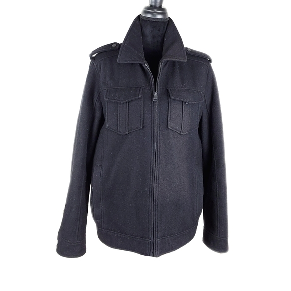 GUESS Mens M Black Wool Mix Thick Quilted Insulated Lining Zip Jacket - Picture 2 of 10